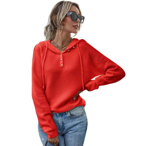 Red Button Drawstring Knit Hooded Sweater TQK271393-3