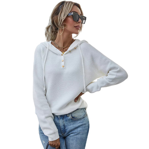 White Button Drawstring Knit Hooded Sweater TQK271393-1