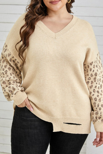Khaki Distressed Hemline Leopard Sleeve Plus Size Sweater LC2721303-16