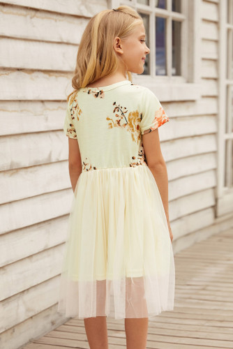 Short Sleeves Floral Bodice Empire Waist Kids' Tulle Dress TZ61106-1