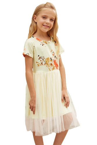 Short Sleeves Floral Bodice Empire Waist Kids' Tulle Dress TZ61106-1