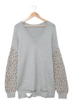 Gray Distressed Hemline Leopard Sleeve Plus Size Sweater LC2721303-11