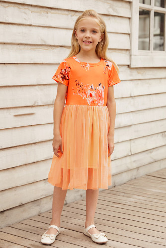 Orange Short Sleeves Floral Bodice Empire Waist Kids' Tulle Dress TZ61106-14