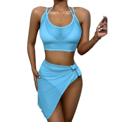 Light Blue Solid 4Pcs Set Bikini with Sarong TQK610260-30