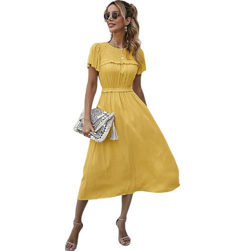 Yellow Splice Shirring Swing Dress TQK310799-7