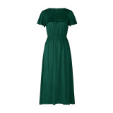 Green Splice Shirring Swing Dress TQK310799-9