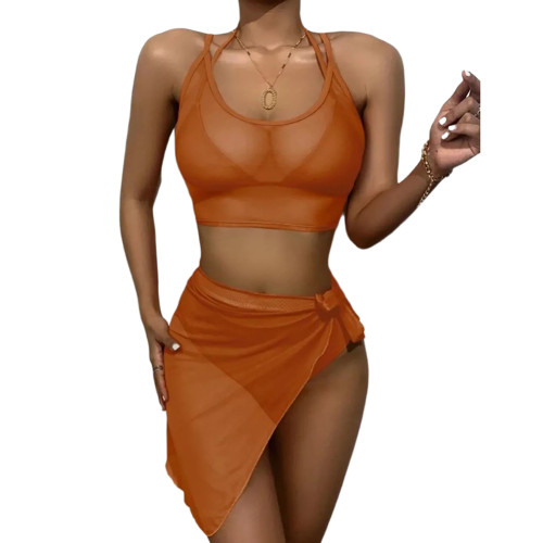Tangerine Solid 4Pcs Set Bikini with Sarong TQK610260-55
