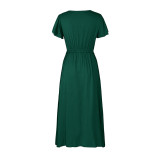 Green Splice Shirring Swing Dress TQK310799-9