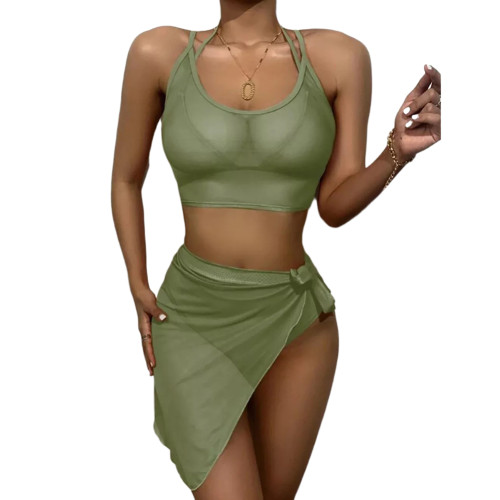 Army Green Solid 4Pcs Set Bikini with Sarong TQK610260-27