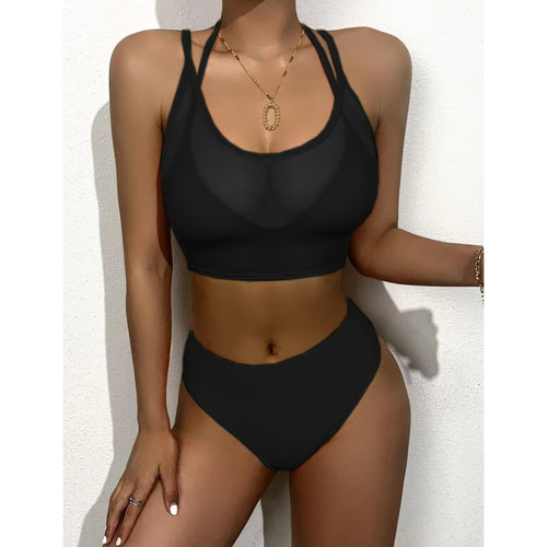 Black Solid 4Pcs Set Bikini with Sarong TQK610260-2