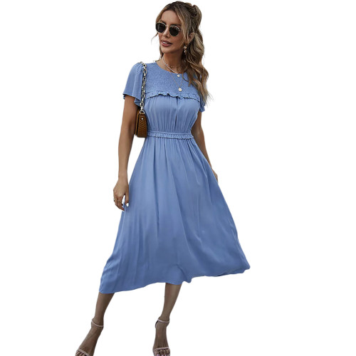 Blue Splice Shirring Swing Dress TQK310799-5