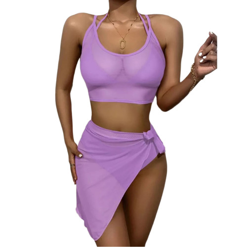 Purple Solid 4Pcs Set Bikini with Sarong TQK610260-8