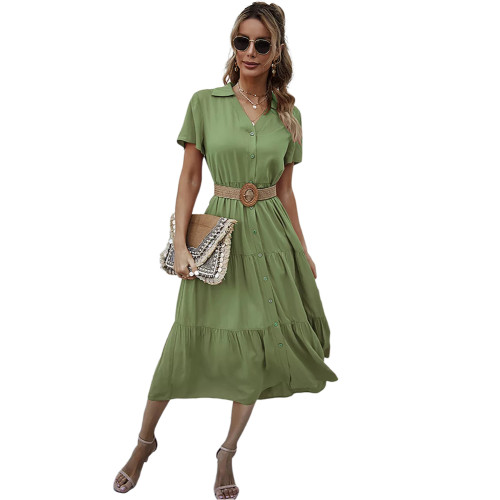 Grass Green Button Short Sleeve Shirt Swing Dress TQK310802-61