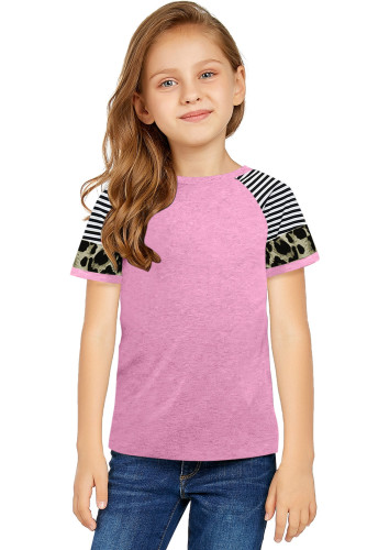 Pink Girls’ T-shirt with Striped Leopard Sleeve TZ25231-10