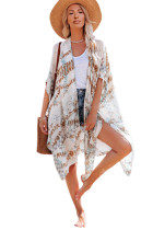 White Pattern Print Open Front Kimono with Side Slit LC2541218-1