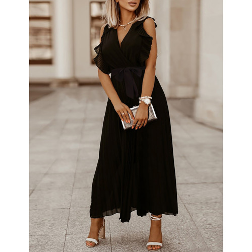 Black Chiffon Ruffle Sleeve Pleated Maxi Dress TQK310818-2
