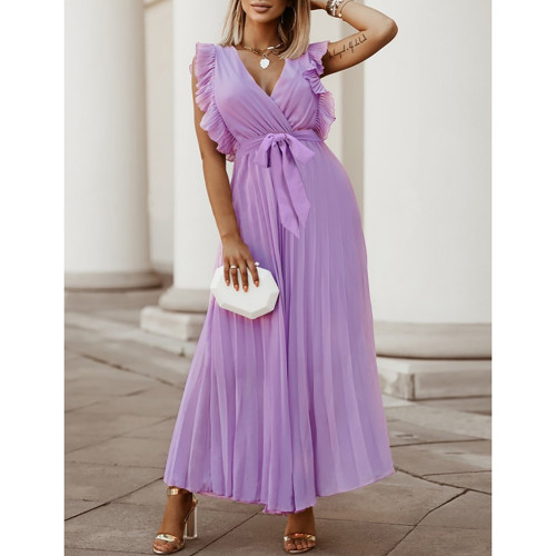 Light Purple Chiffon Ruffle Sleeve Pleated Maxi Dress TQK310818-38