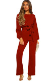 Red Boat Neck Bubble Sleeve Straight Legs Jumpsuit with Belt Tie LC643428-3