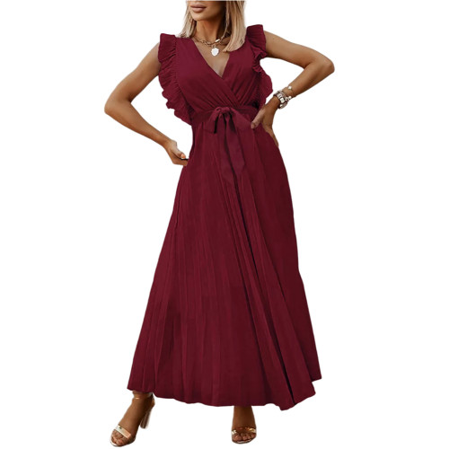 Wine Red Chiffon Ruffle Sleeve Pleated Maxi Dress TQK310818-23