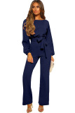 Navy Boat Neck Bubble Sleeve Straight Legs Jumpsuit with Belt Tie LC643428-5