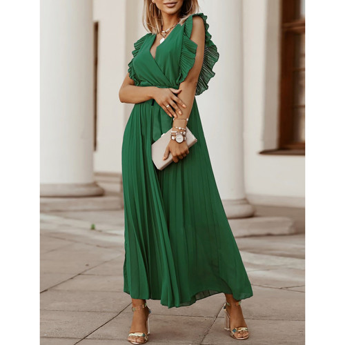 Green Chiffon Ruffle Sleeve Pleated Maxi Dress TQK310818-9