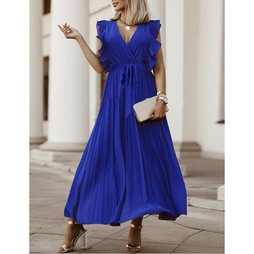 Blue Chiffon Ruffle Sleeve Pleated Maxi Dress TQK310818-5