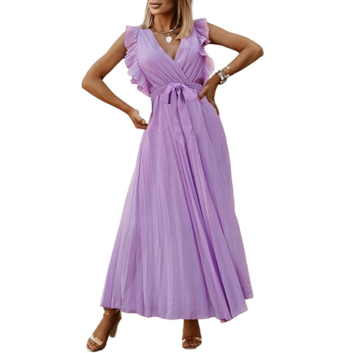 Light Purple Chiffon Ruffle Sleeve Pleated Maxi Dress TQK310818-38