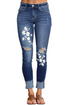 Floral Pattern Distressed Skinny Fit Raw Hem Jeans LC784002-5