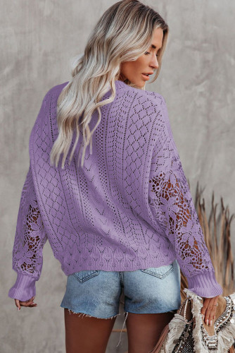 Purple Crochet Lace Pointelle Knit Sweater LC2721105-8