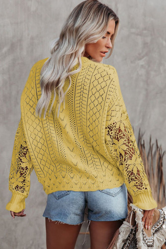 Yellow Crochet Lace Pointelle Knit Sweater LC2721105-7