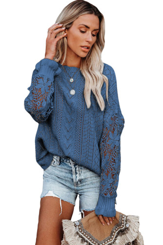 Blue Crochet Lace Pointelle Knit Sweater LC2721105-5