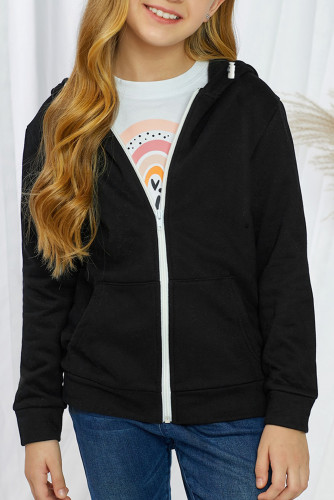 Black Zipper Hooded Girl's Coat with Pocket TZ85007-2