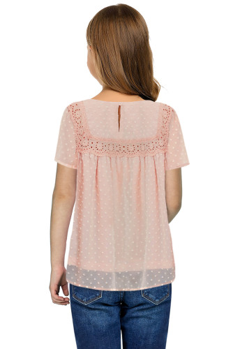 Apricot Swiss Dot Print Hollow Out Girl's T-shirt TZ25335-18