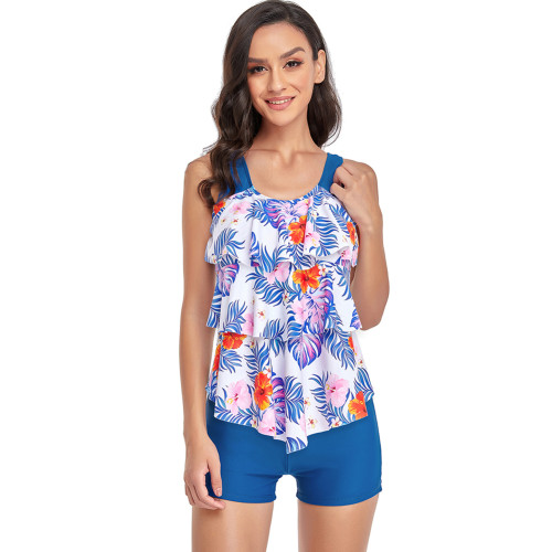 Blue Tropical Print Ruffle Tankini Swimsuit TQK610278-5