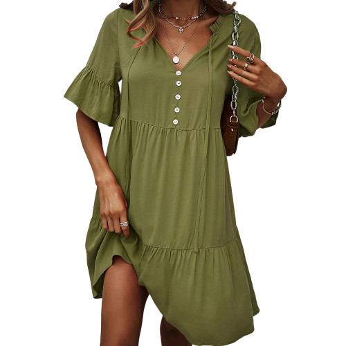 Grass Green Button Detail Lace-up A-line Casual Dress TQK310815-61