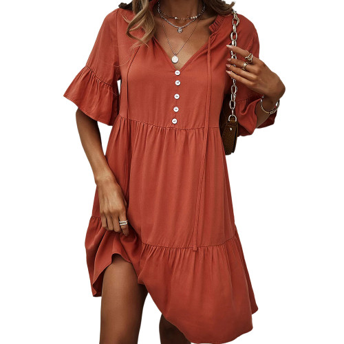 Rust Red Button Detail Lace-up A-line Casual Dress TQK310815-33