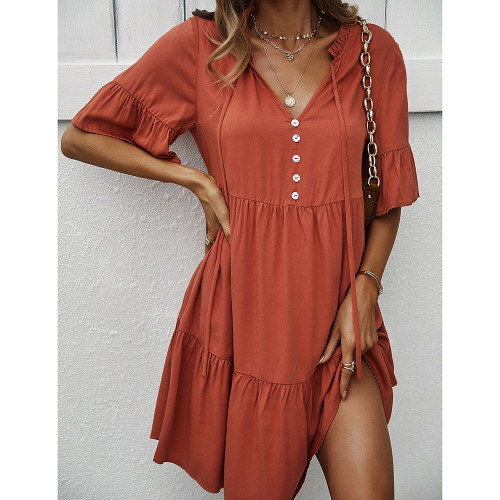 Rust Red Button Detail Lace-up A-line Casual Dress TQK310815-33