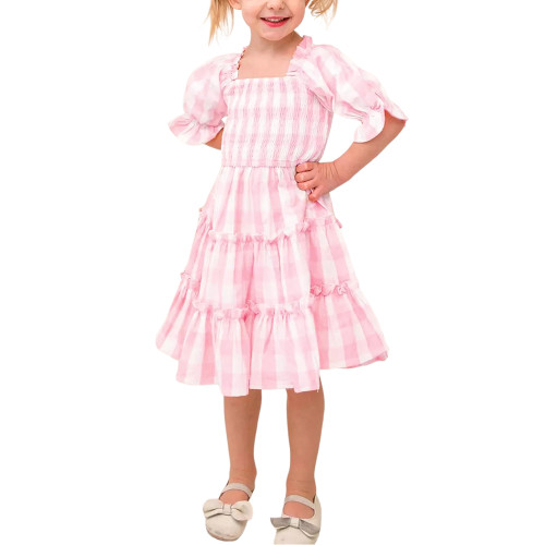 Light Pink Plaid Print Square Collar Shirring Girls Dress TQK310817-39