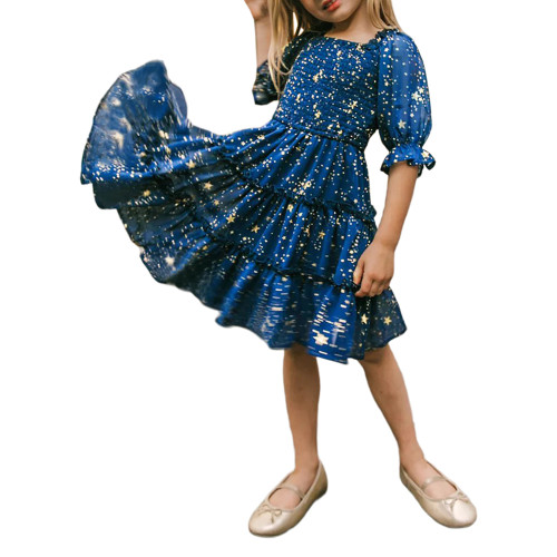 Navy Blue Square Collar Shirring Girls Floral Dress TQK310817-34