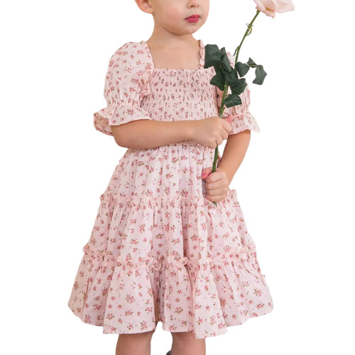 Pink Square Collar Shirring Girls Floral Dress TQK310817-10