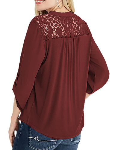 Wine Red Zipper-up Back Crochet Long Sleeve Tops TQV220003-103