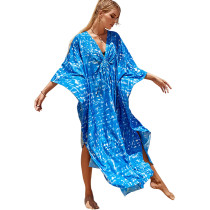 Blue Print V Neck Long Kimono Beach Cover TQK650095-1
