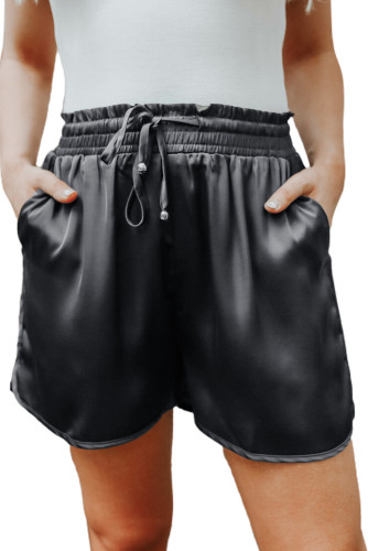 Black Satin Elastic Waist Casual Shorts LC73749-2