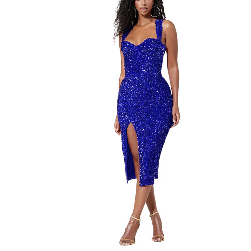Blue Sequin Split Bodycon Party Dress TQK310821-5