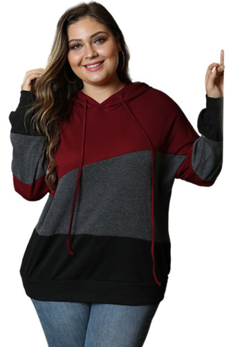 Red Lucky Break Color Block Plus Size Hoodie LC252855-3