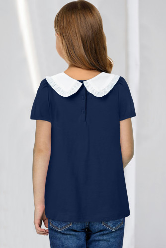 Navy Blue Little Girl Peter Pan Collar Short Sleeve Top TZ25758-5