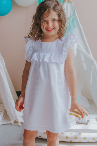 White Swiss Dot Pattern Ruffles Little Girl Dress TZ61354-1