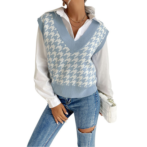 Blue Houndstooth Knitted Sleeveless Sweater Vest TQF250010-5
