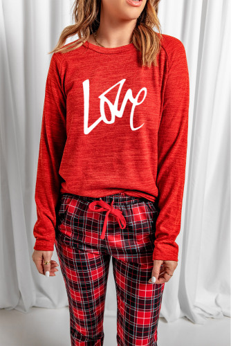 Red Love Print Top and Plaid Print Pants Loungewear LC4512282-3