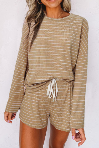 Khaki Striped Long Sleeve and Shorts Lounge Set LC4512165-16